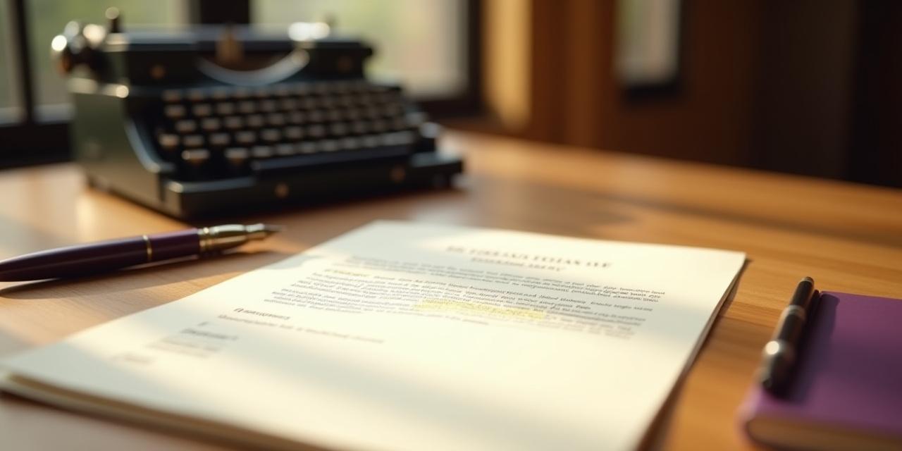 A clean wooden desk with a vintage typewriter and an open contract document