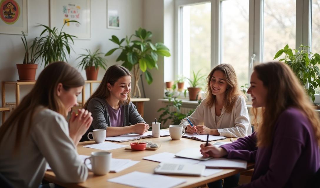 A diverse group of aspiring writers gathered in a sunlit, modern studio space with journals and coffee